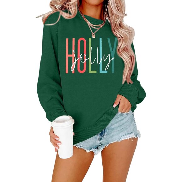Women Christmas Sweater Cotton Long Sleeve Crewneck Holly Jolly Tree Top - Picture 1 of 5